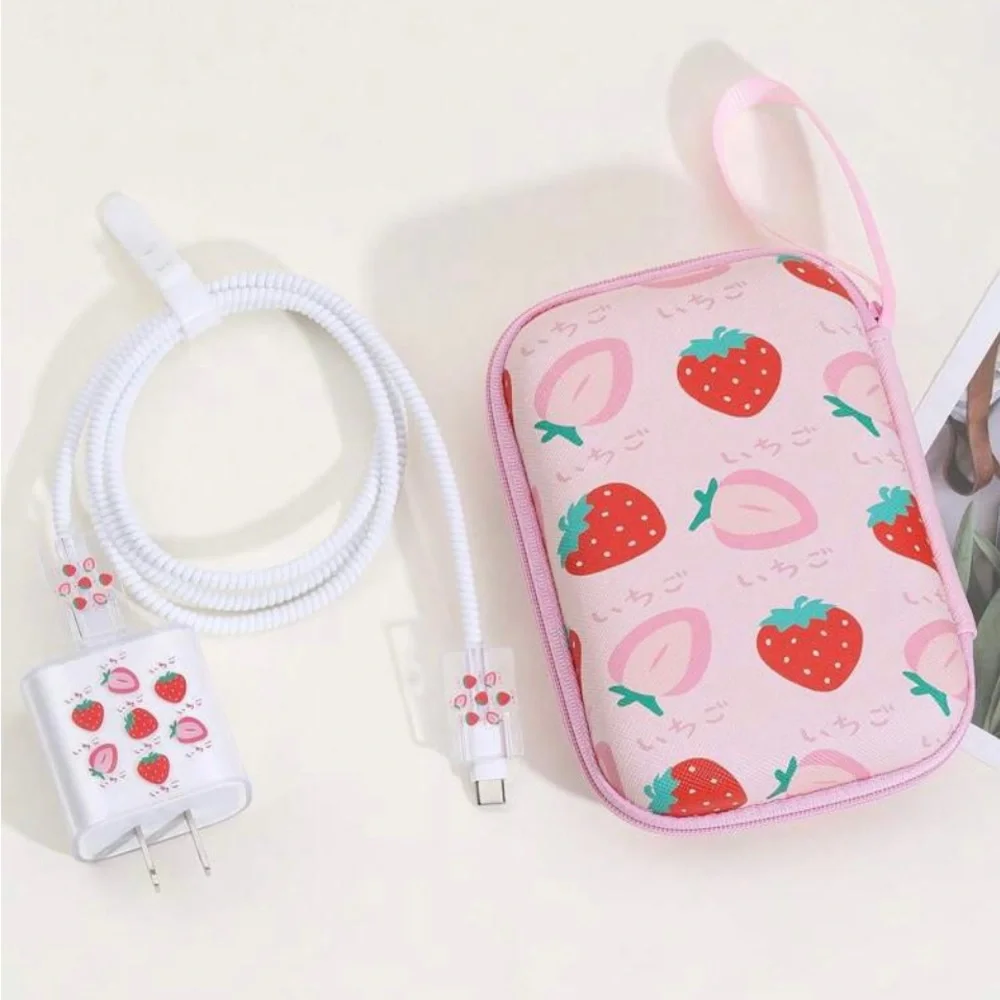 6pcs Strawberry Pattern TPU Data Cable Protector & Charger Head Cover & Storage